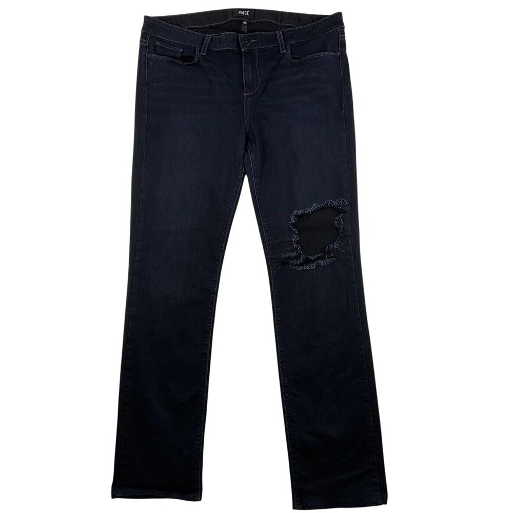 Paige Black Denim Jeans Ripped Knee Distressed Straight‎ Leg USA Made 34